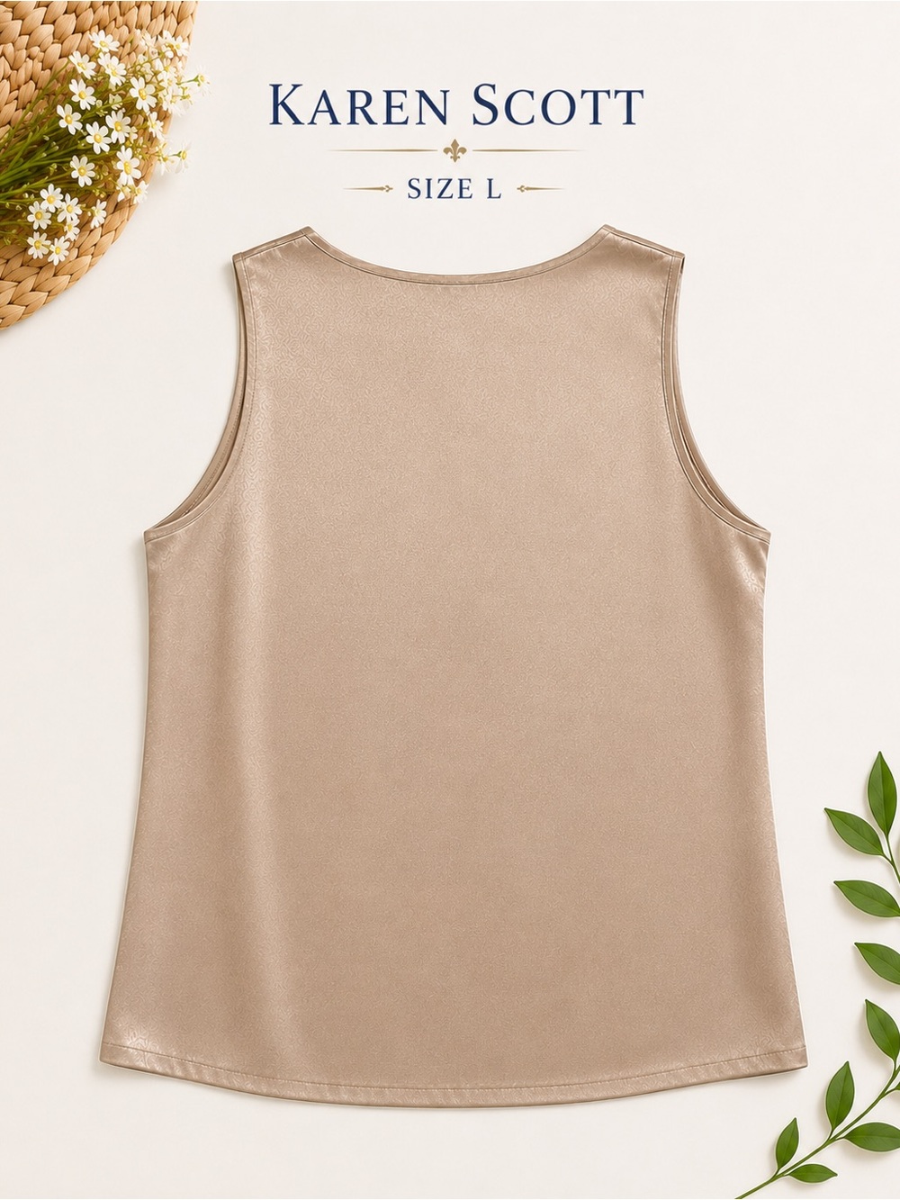 Karen Scott Champagne Shimmer Satin Shell Top Sleeveless Blouse Size L - Picture 2 of 4